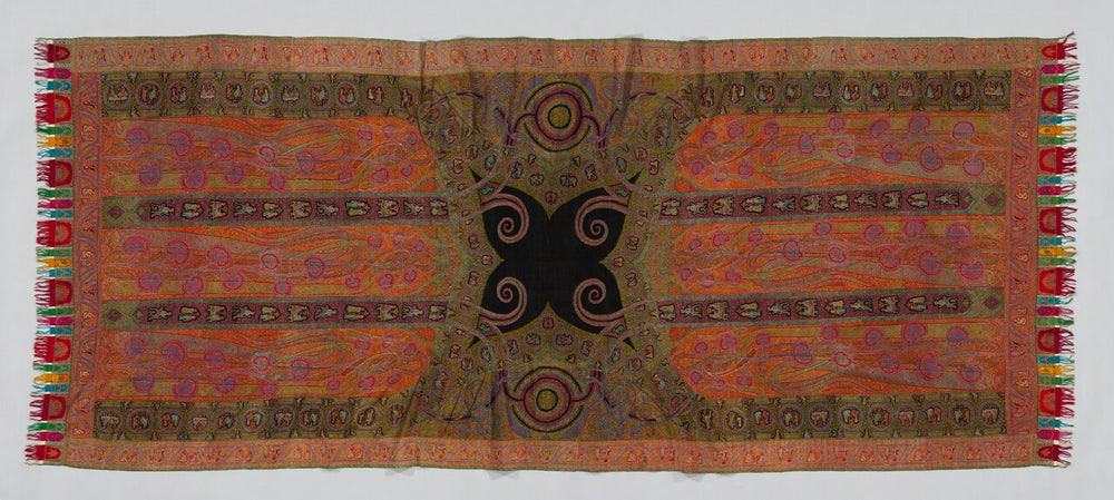 Antique Kashmir long shawl with woven figures and animals and a black central field, c. 1885